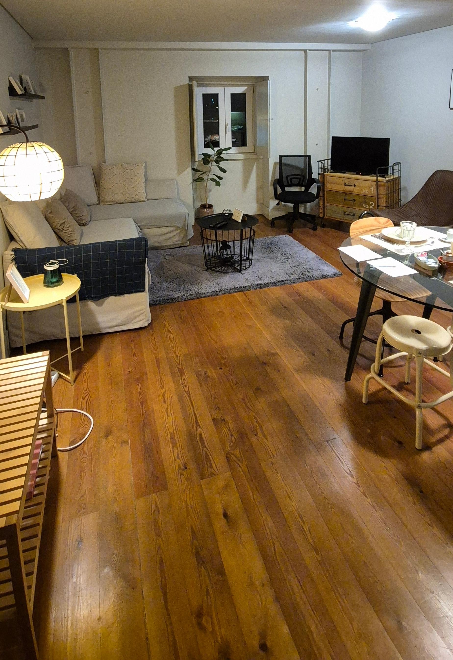 Open living room, dining room, and kitchen.