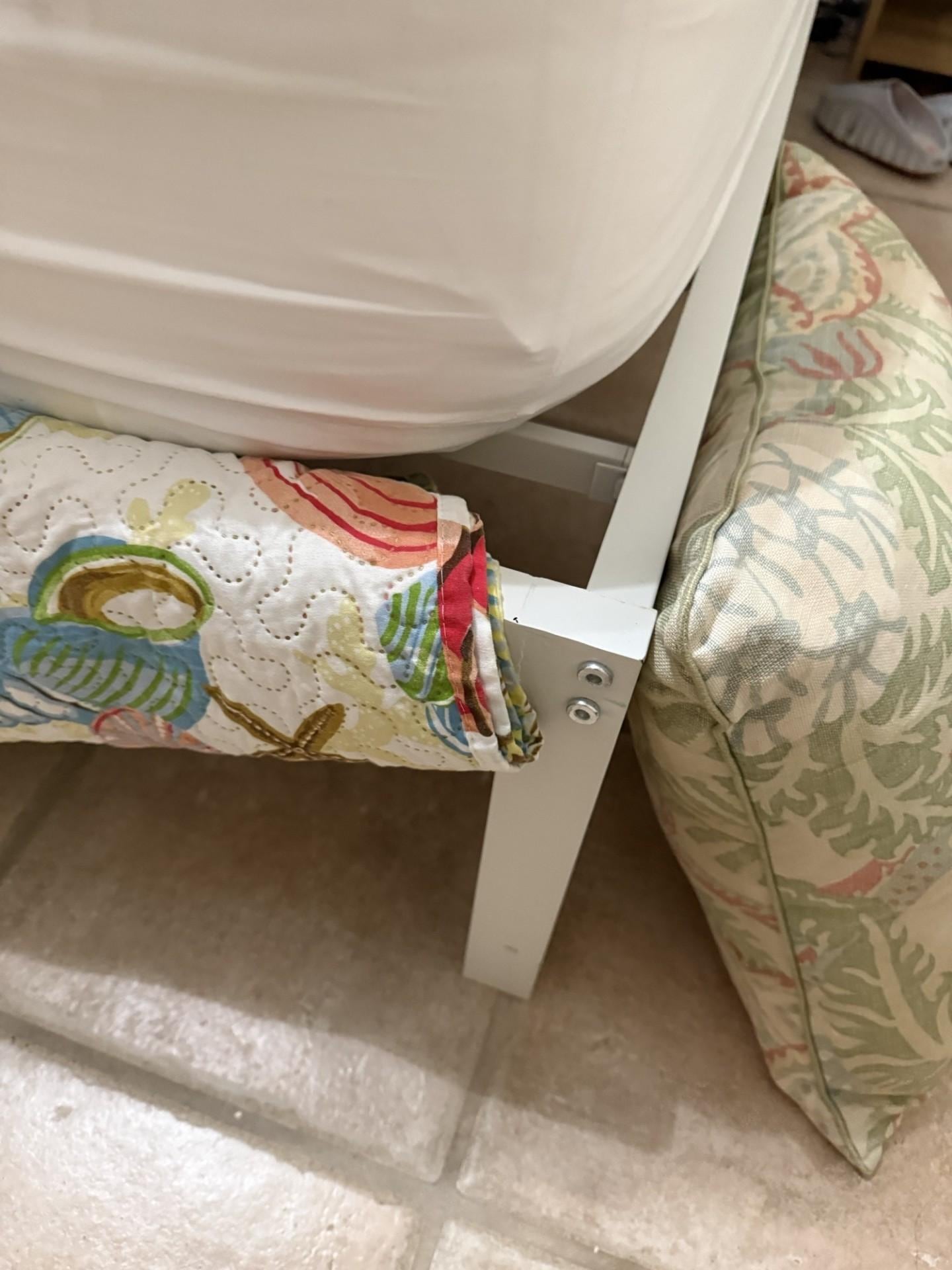 Cheap and sharp metal frame corners. Feel sorry for your shins. Had to wrap with quilt and cover with pillows. Bed frame was an absolute tripping hazard.