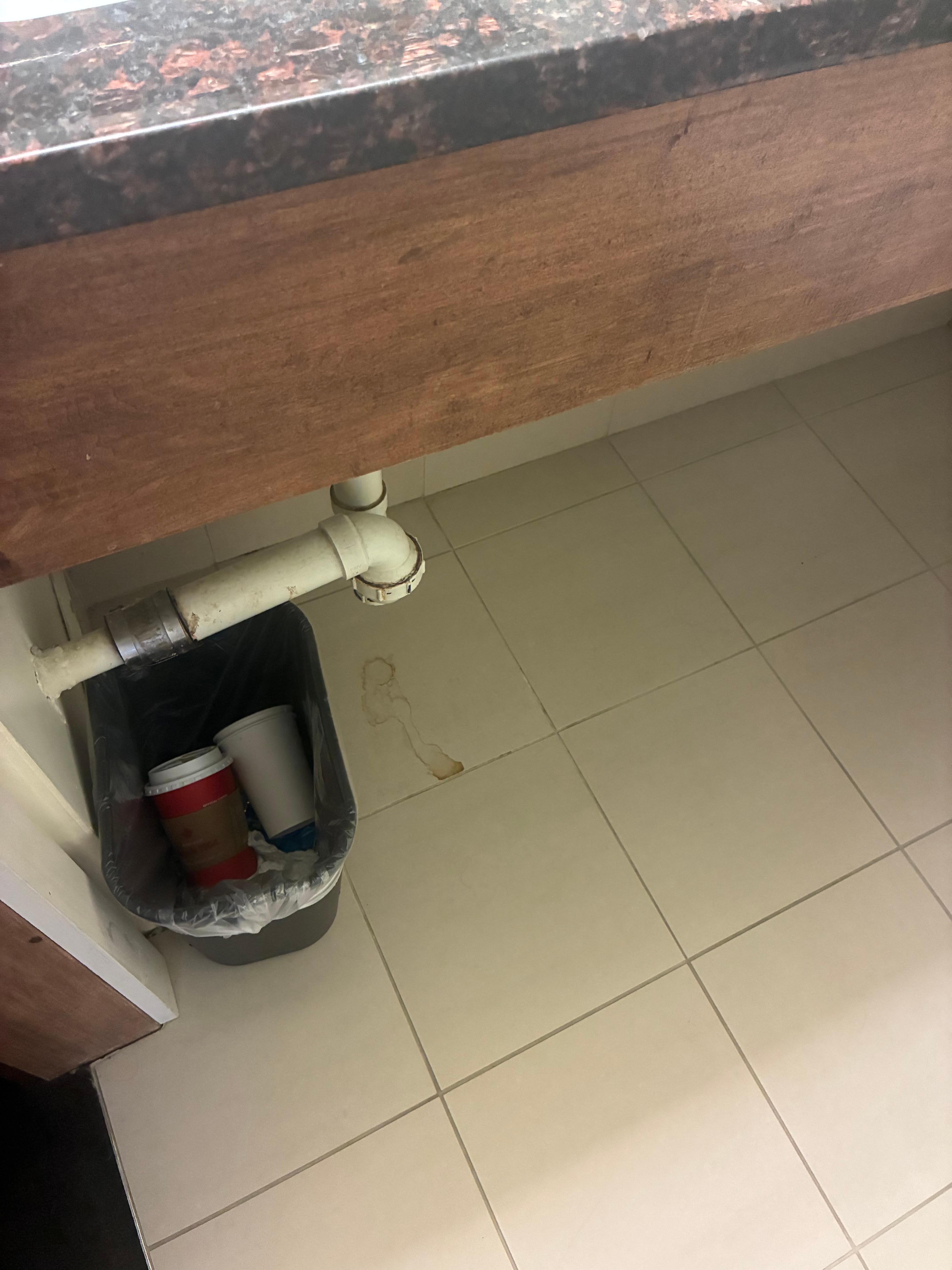 Under bathroom sink. Garbage not changed.leaky brown pipe. Looks gross