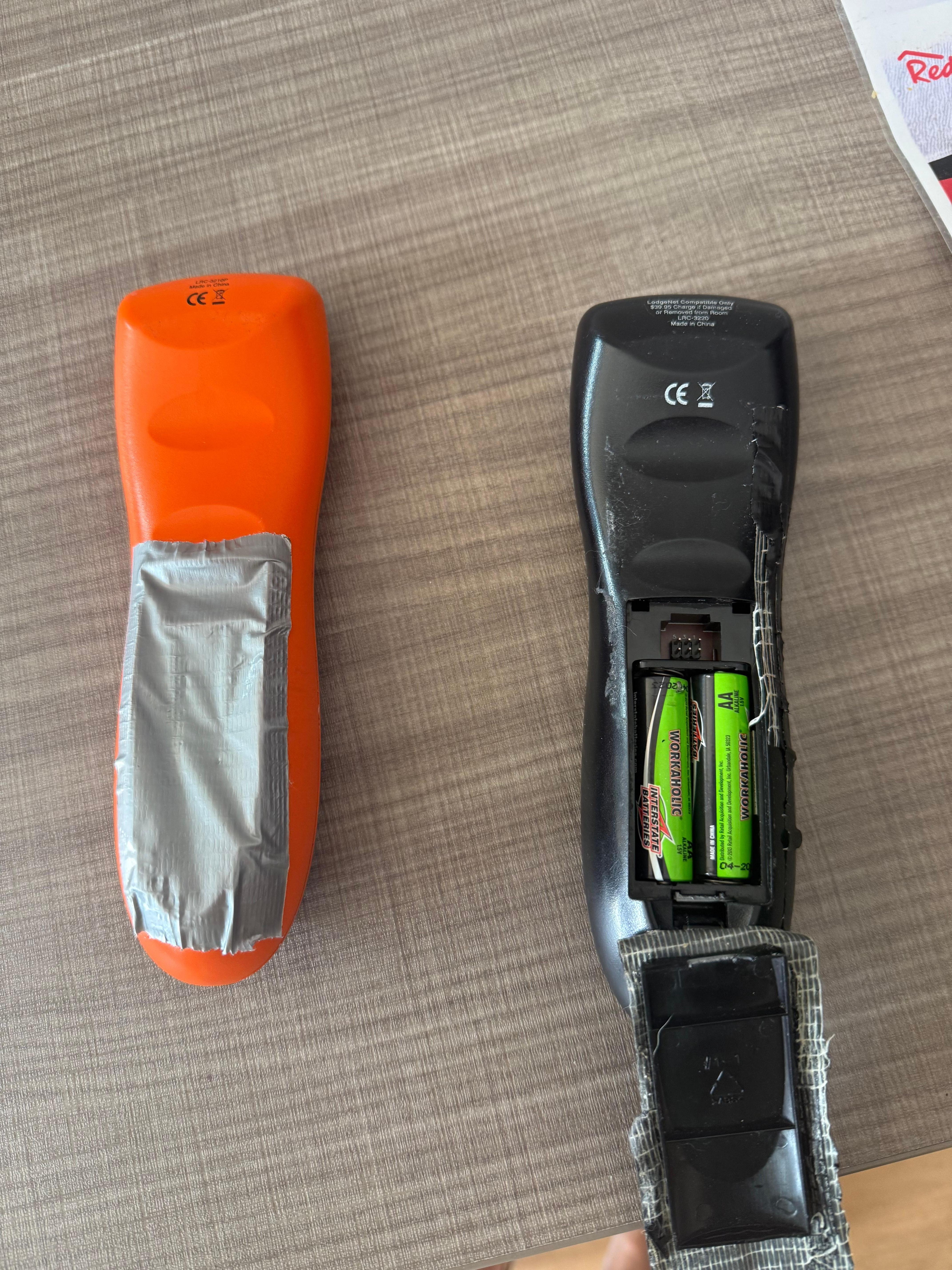 Duct taped old remote controls
