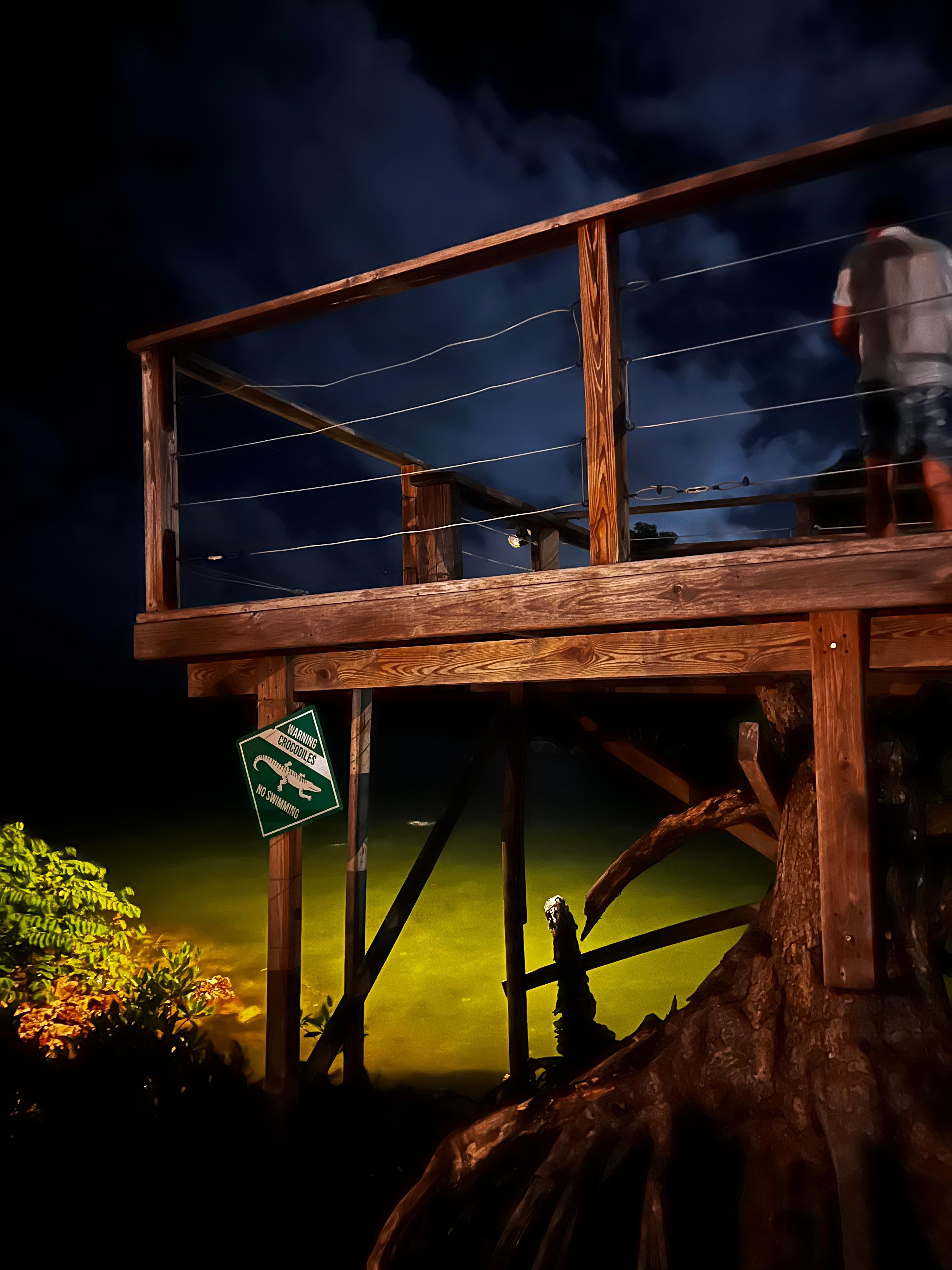 Overlook deck at night where ocean meets the river
