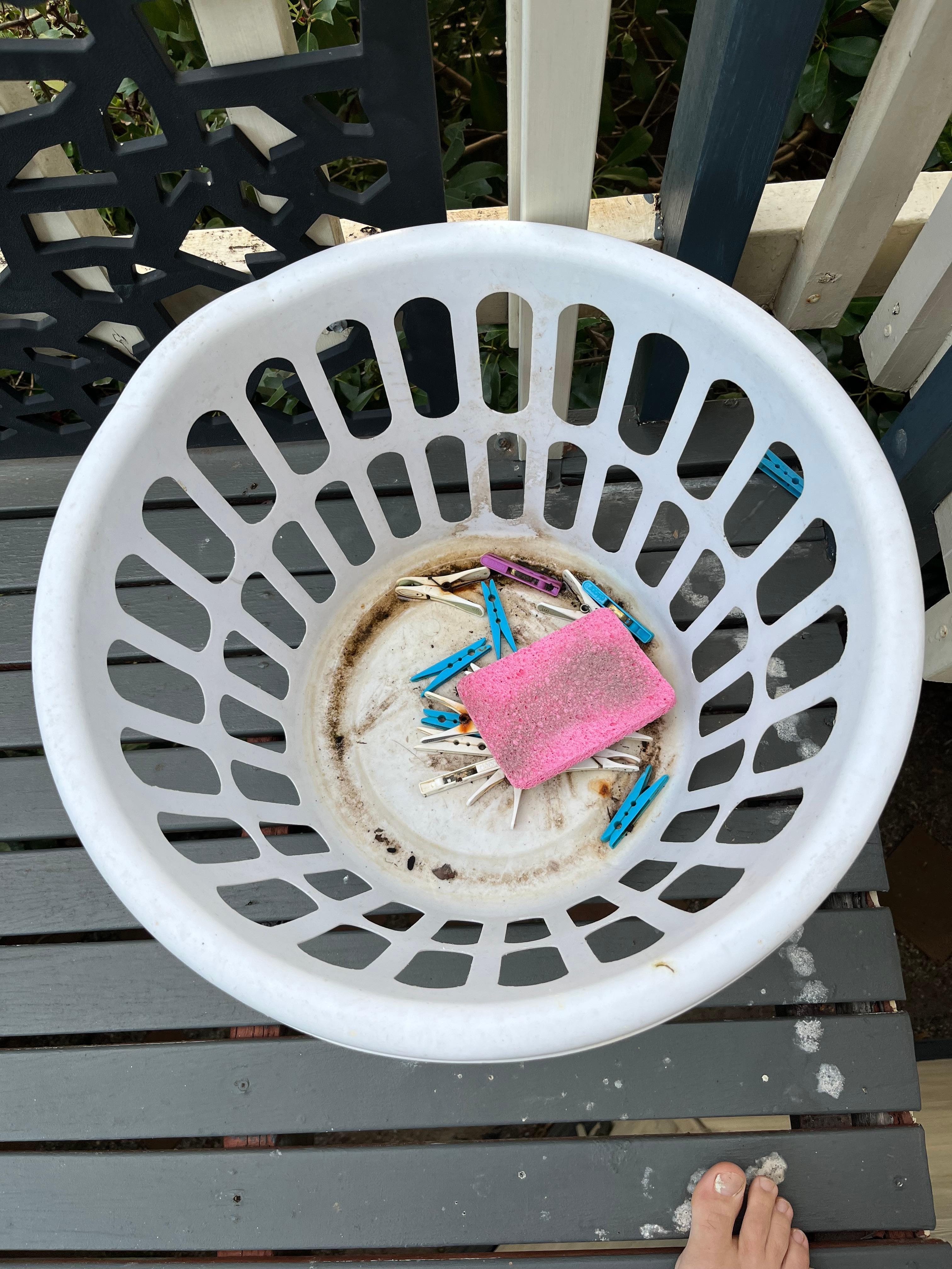 Laundry basket left outside with rusty pegd
