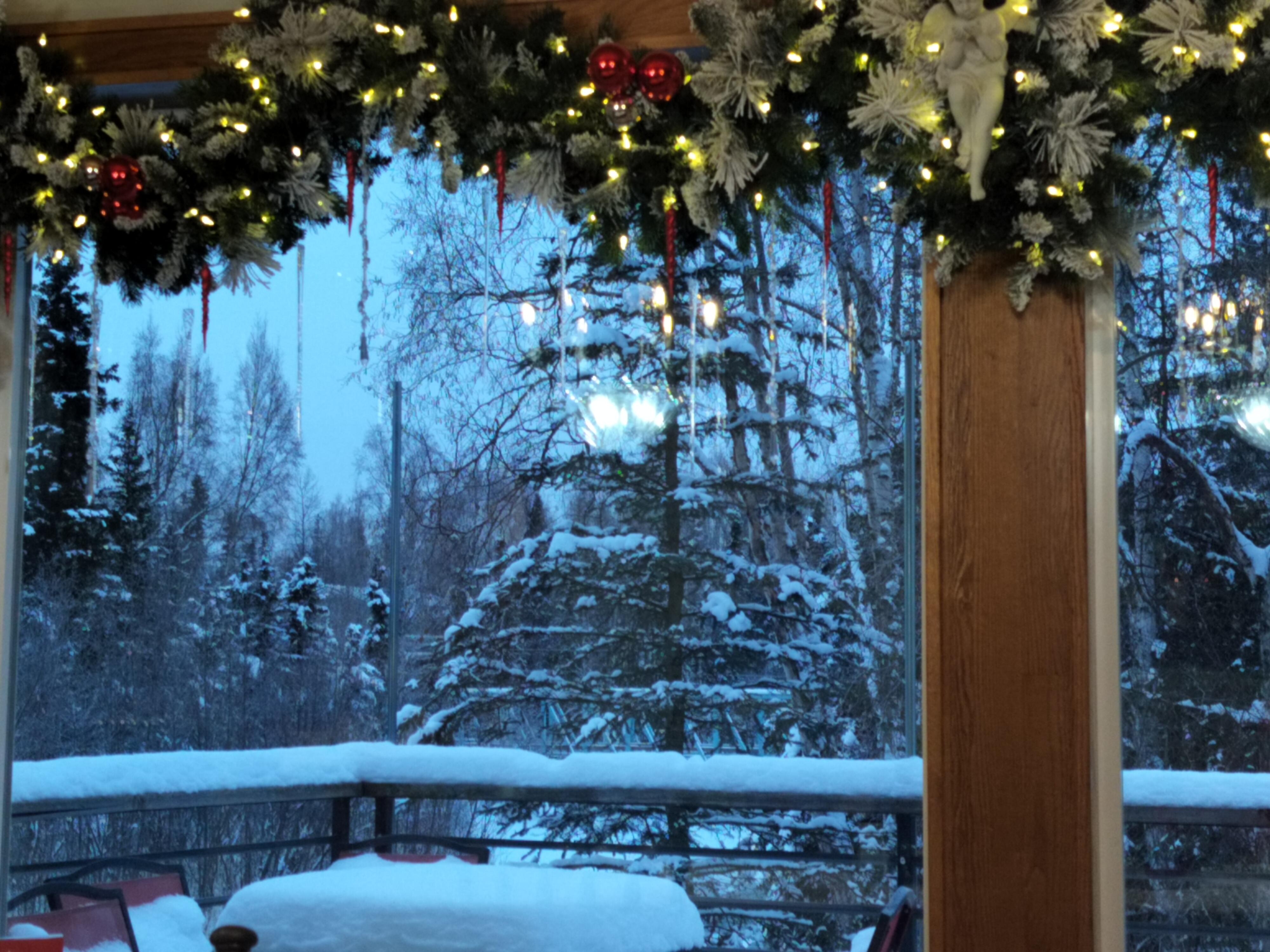 Photo of outdoor winter scene of trees and creek, from dining room window decorated for the holidays 