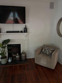 fireplace and comfy chairs