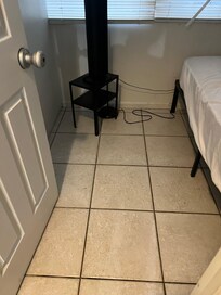 This is what our bedroom looks like, no tv! No table or desk ono closet. Too small space. For 2 people.