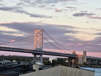 View of Benjamin Franklin Bridge directly out our window the night we arrived.