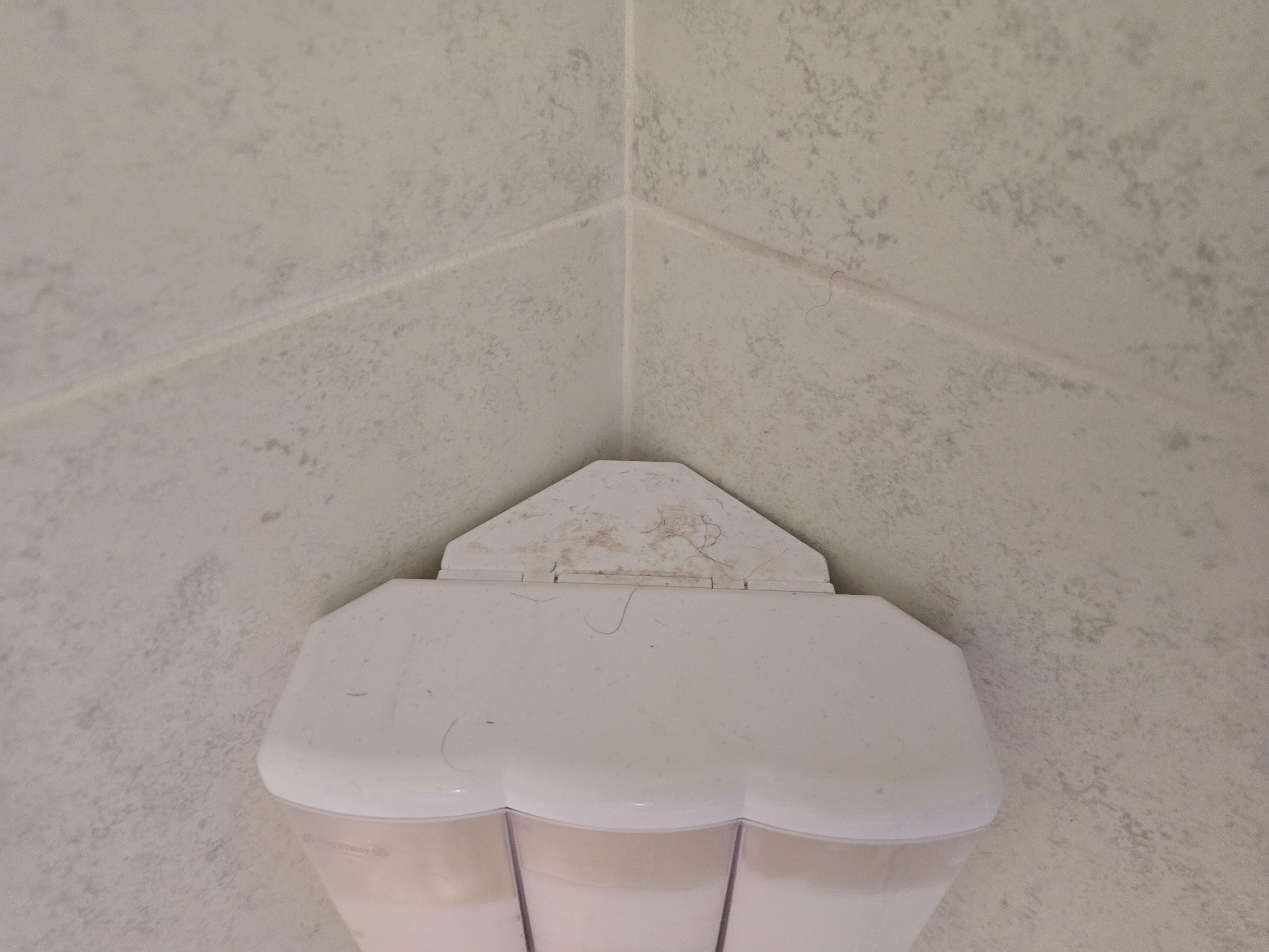 Hair and soap scum on top of soap dispenser. 