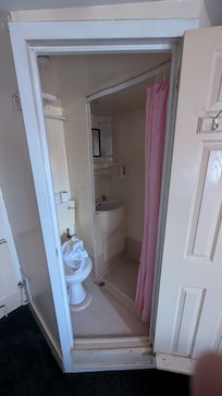 Tiny combined shower and sink with toilet.