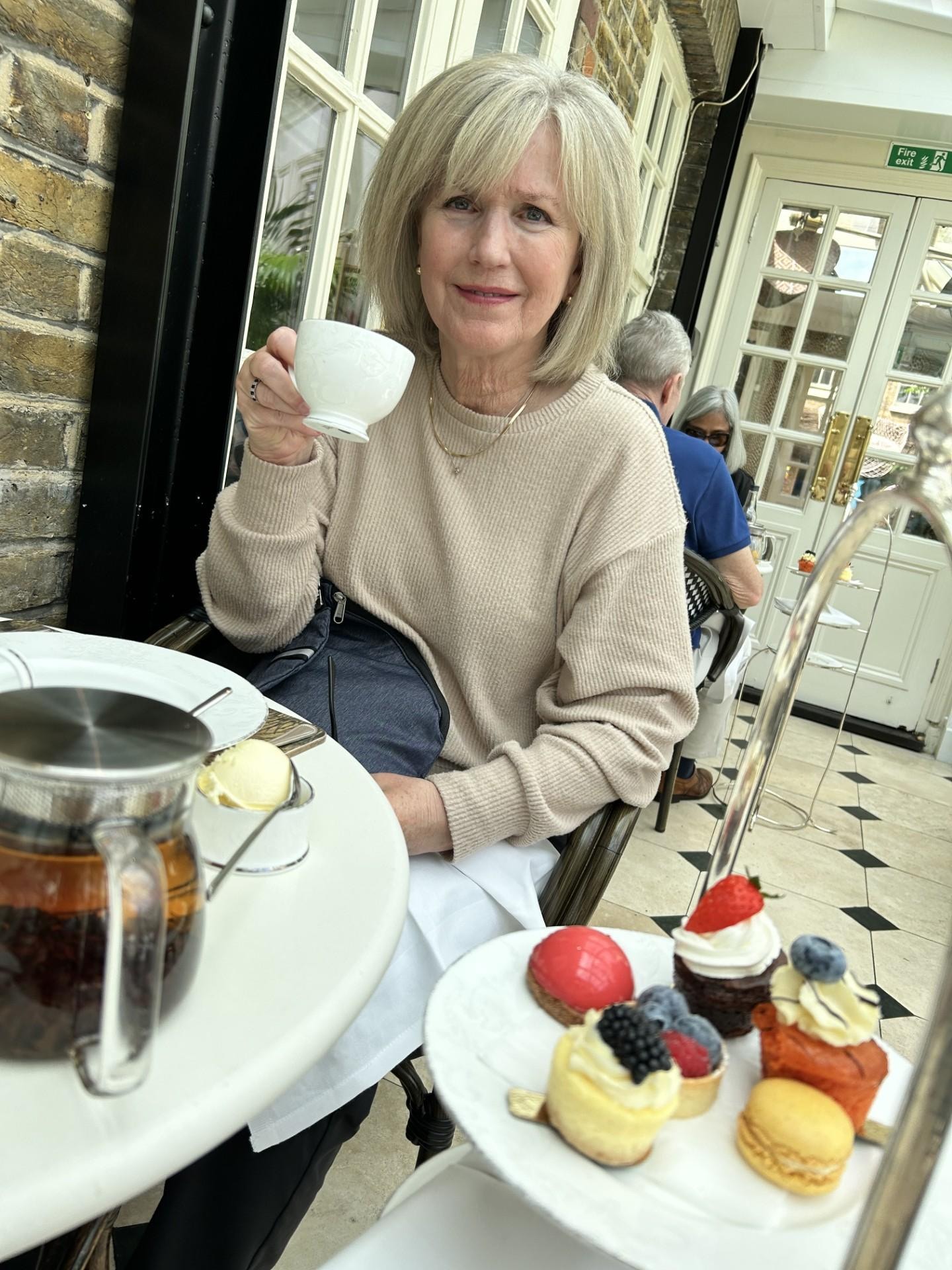 Enjoying an afternoon tea.