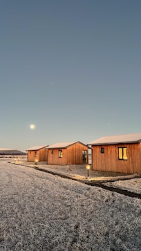 Cottages at night with the moon in the background.