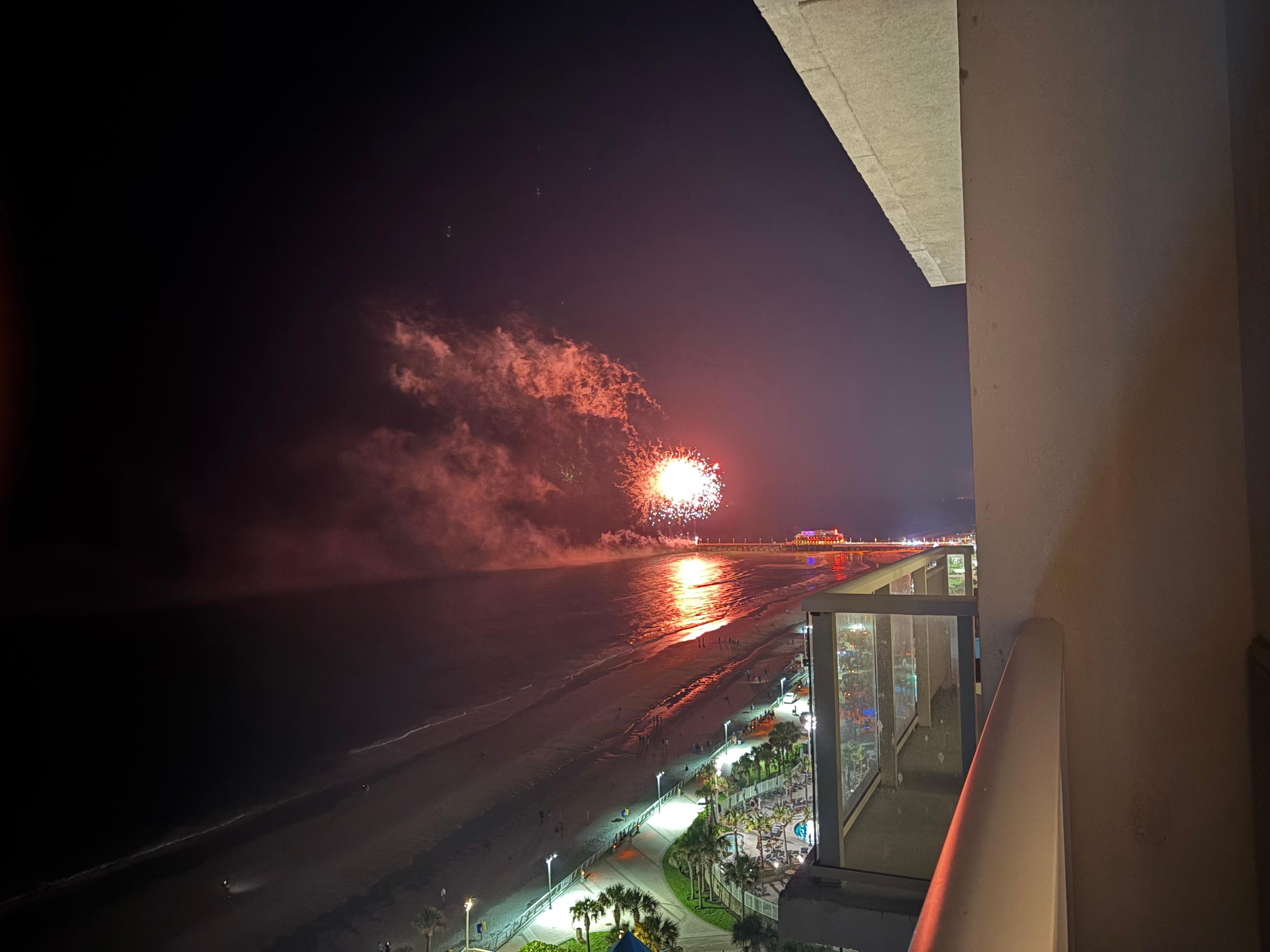 Joe’s crab shack in pee area just a walk away fantastic fireworks where we were there from the balcony