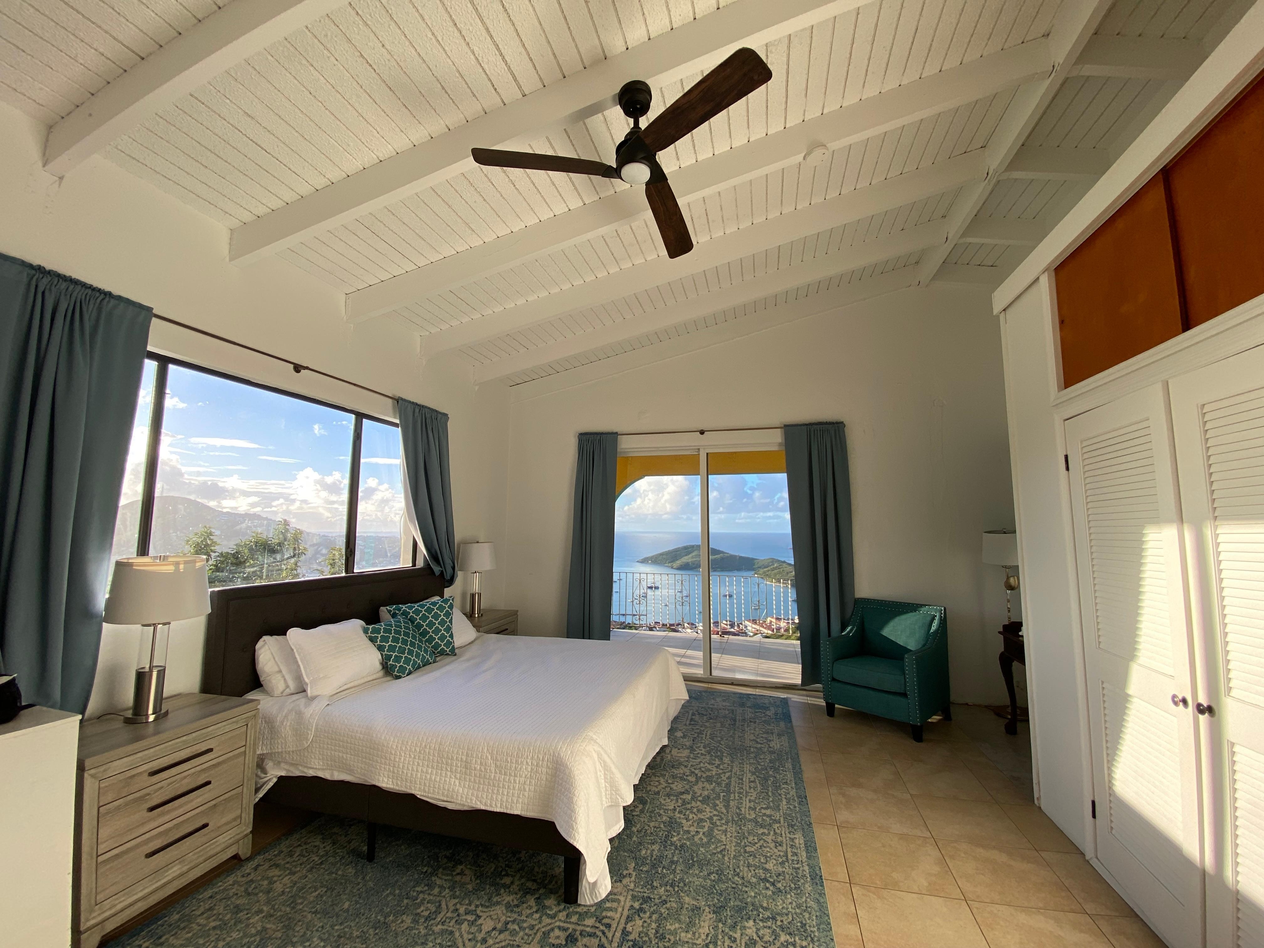 largest of two bedrooms in the upper villa which also has two bathrooms, living room, dining room and terrace 