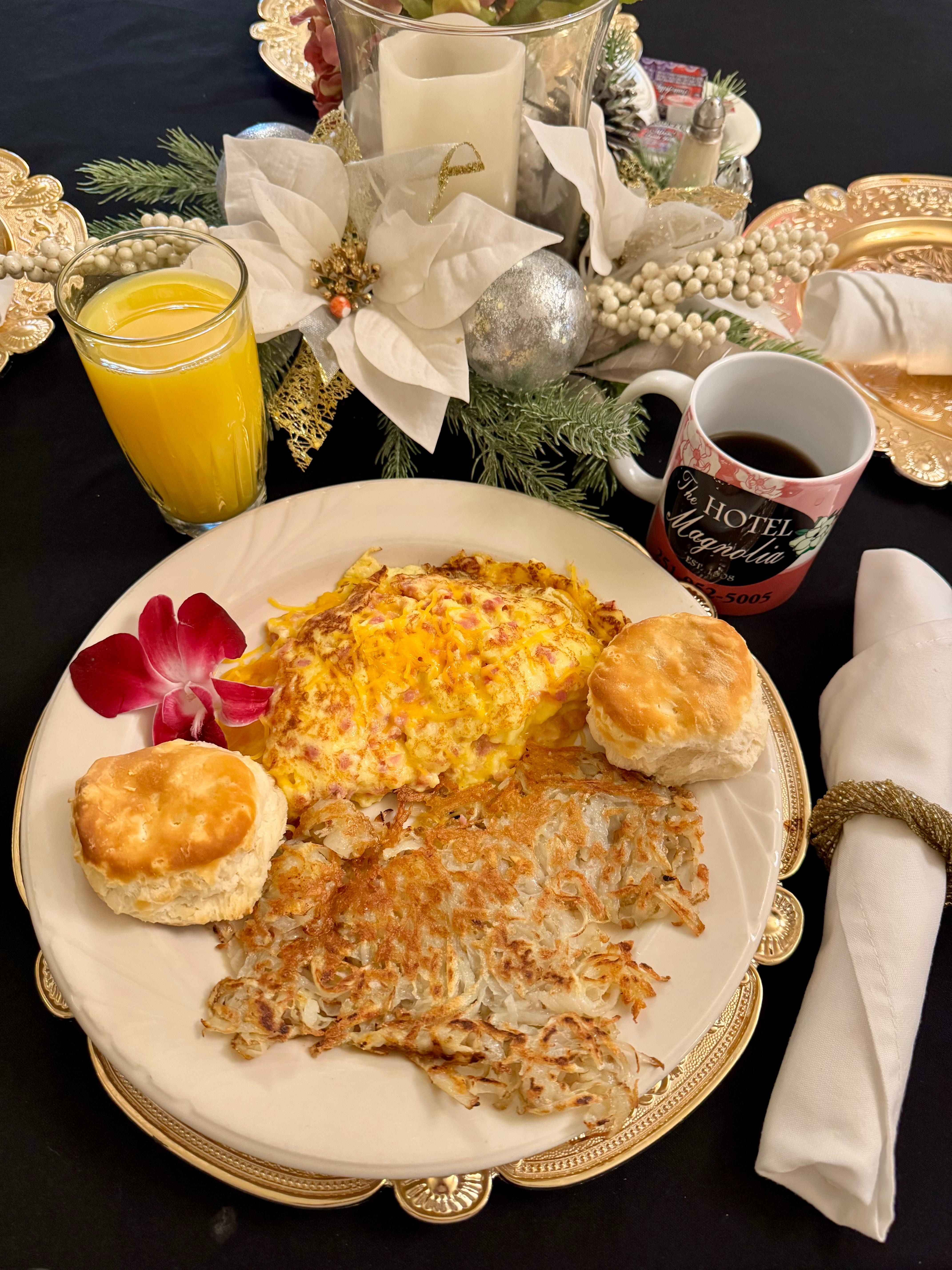 Delicious ham and cheese omelette breakfast at The Hotel Magnolia Bed & Breakfast in Foley, Alabama 