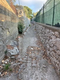 Narrow walkway leading to front gate of bungalow