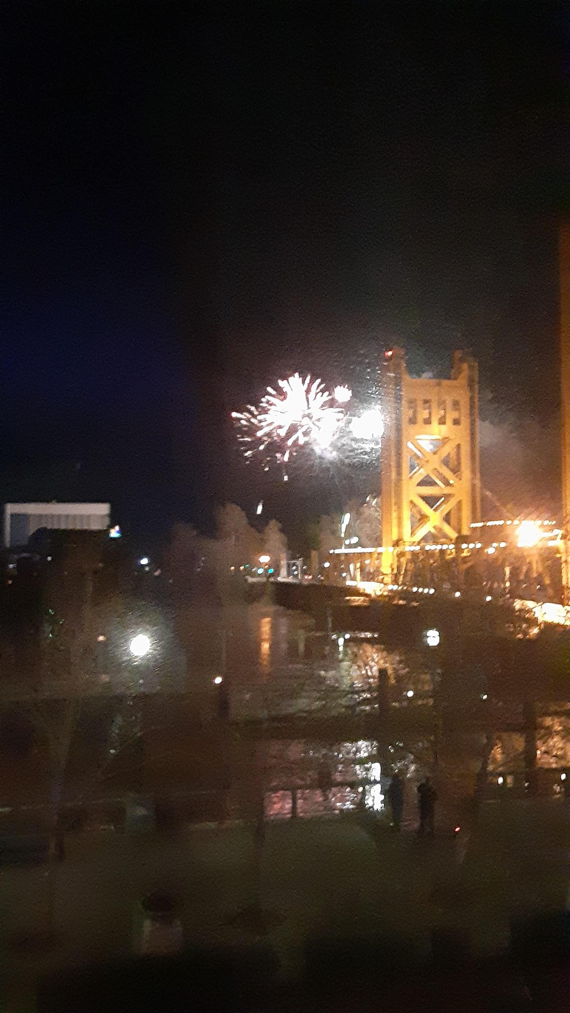 view of fireworks from our hotel room window!