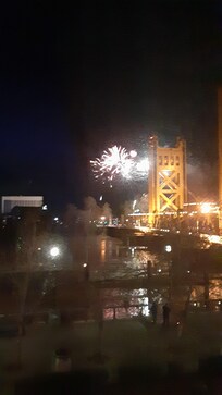 view of fireworks from our hotel room window!