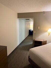 Lowered portion of the ceiling is foam tile with mold growing along the frames