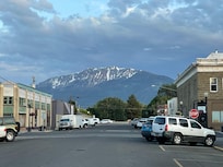 View just down the street of the Wallowas