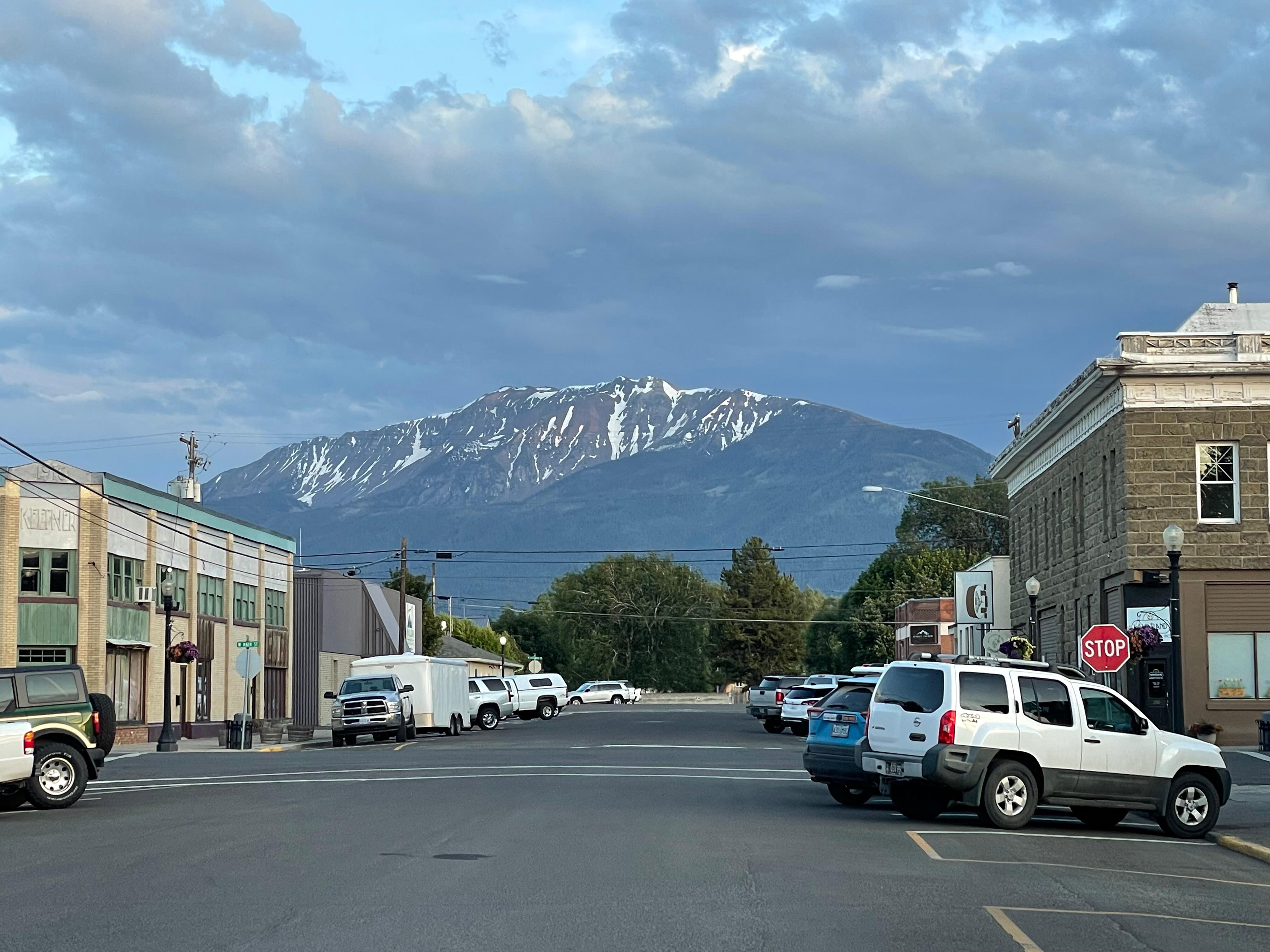 View just down the street of the Wallowas