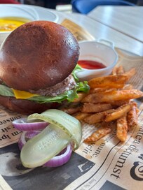 Beef burger and fries