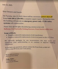 The notice that the building was going to shut off the power (one day notice)