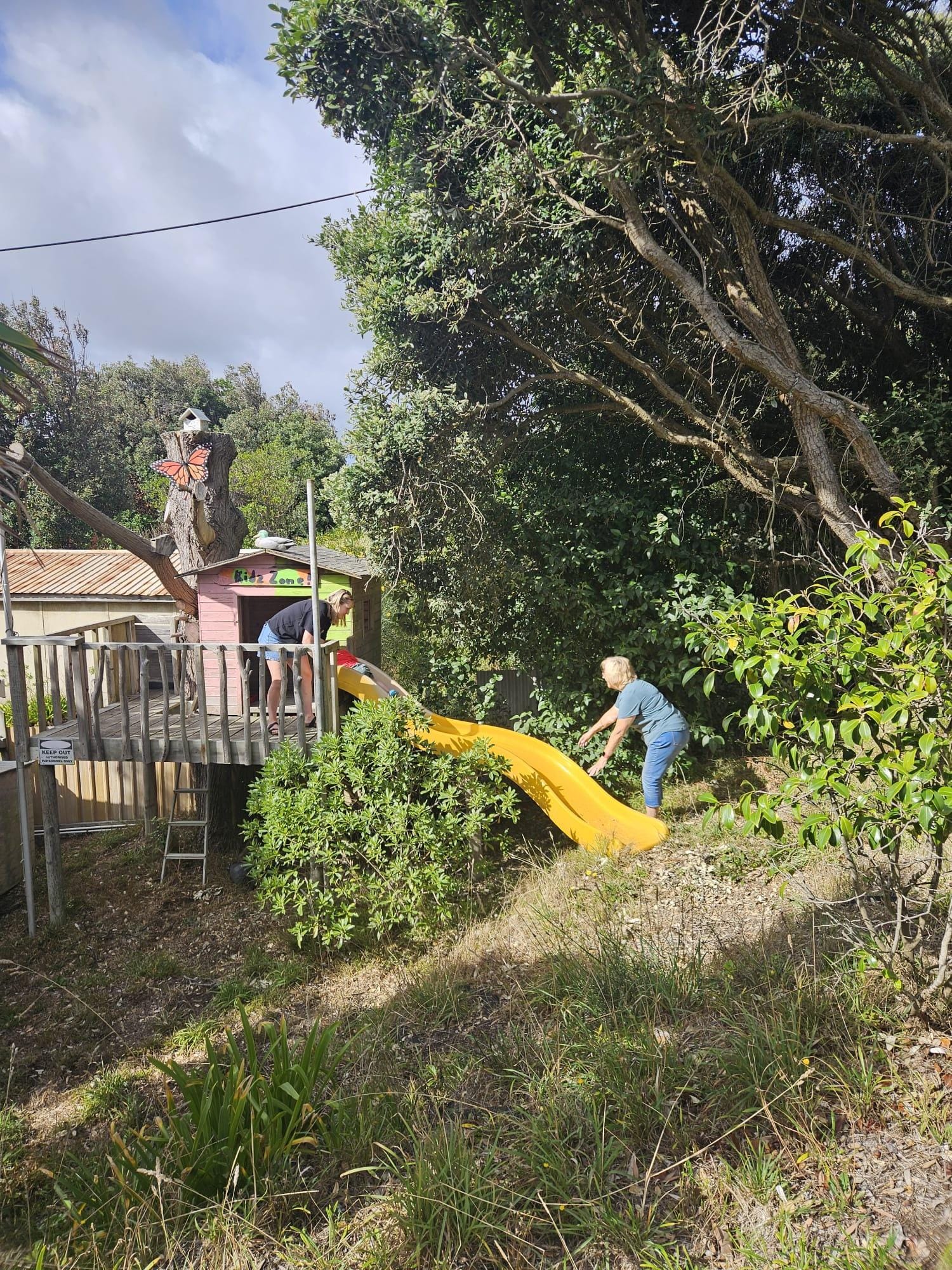Grandkids playing in the treehouse and slide