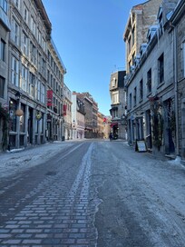 View up the street from out the door.