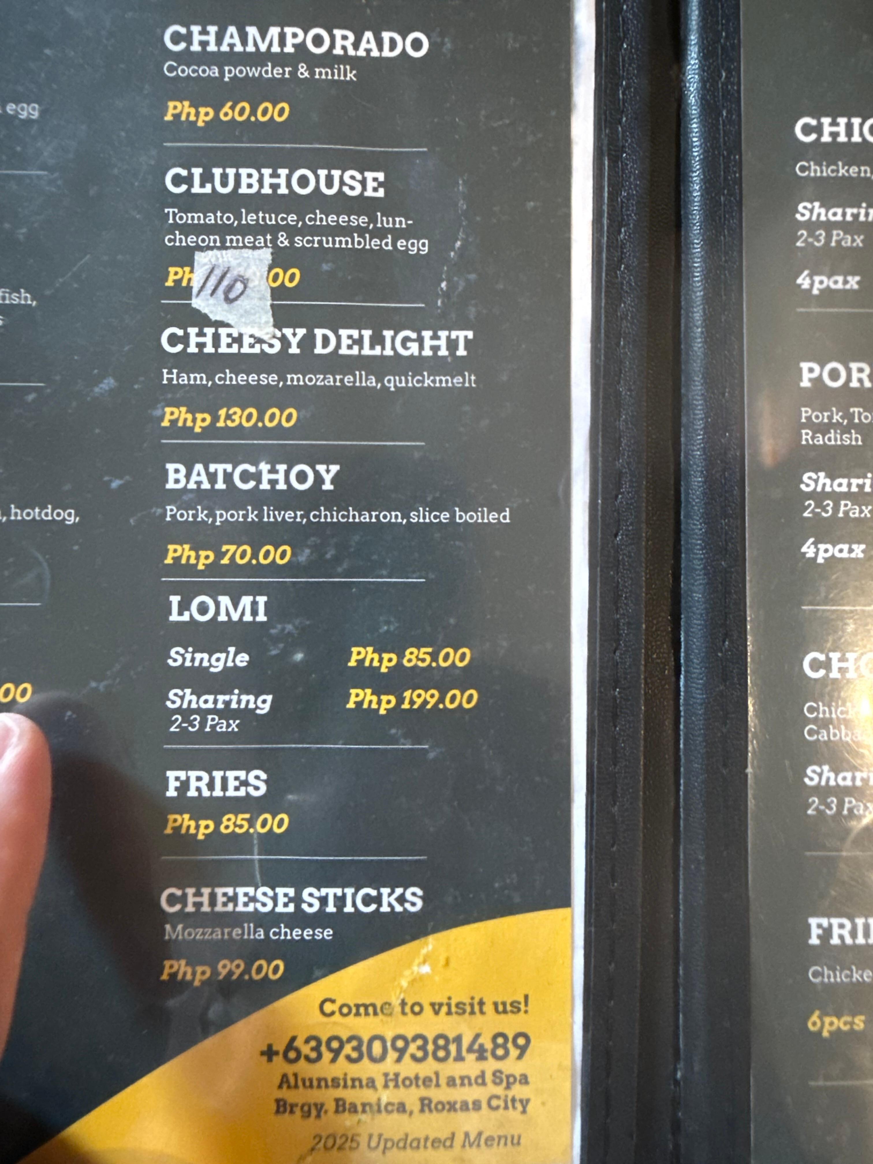 On-site restaurant menu