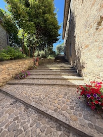 Stairs leading up to pool area