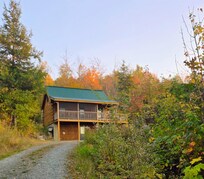 View of cabin going up driveway