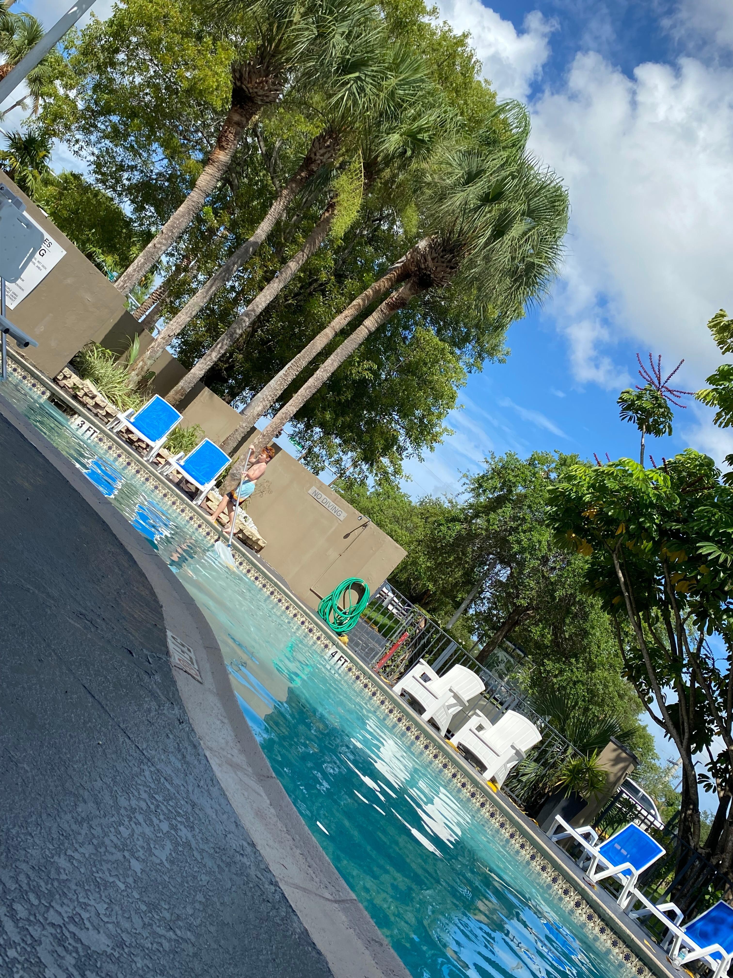 Pool is smaller than what the picture looks like. It was full of bugs and we cleaned it out ourselves 