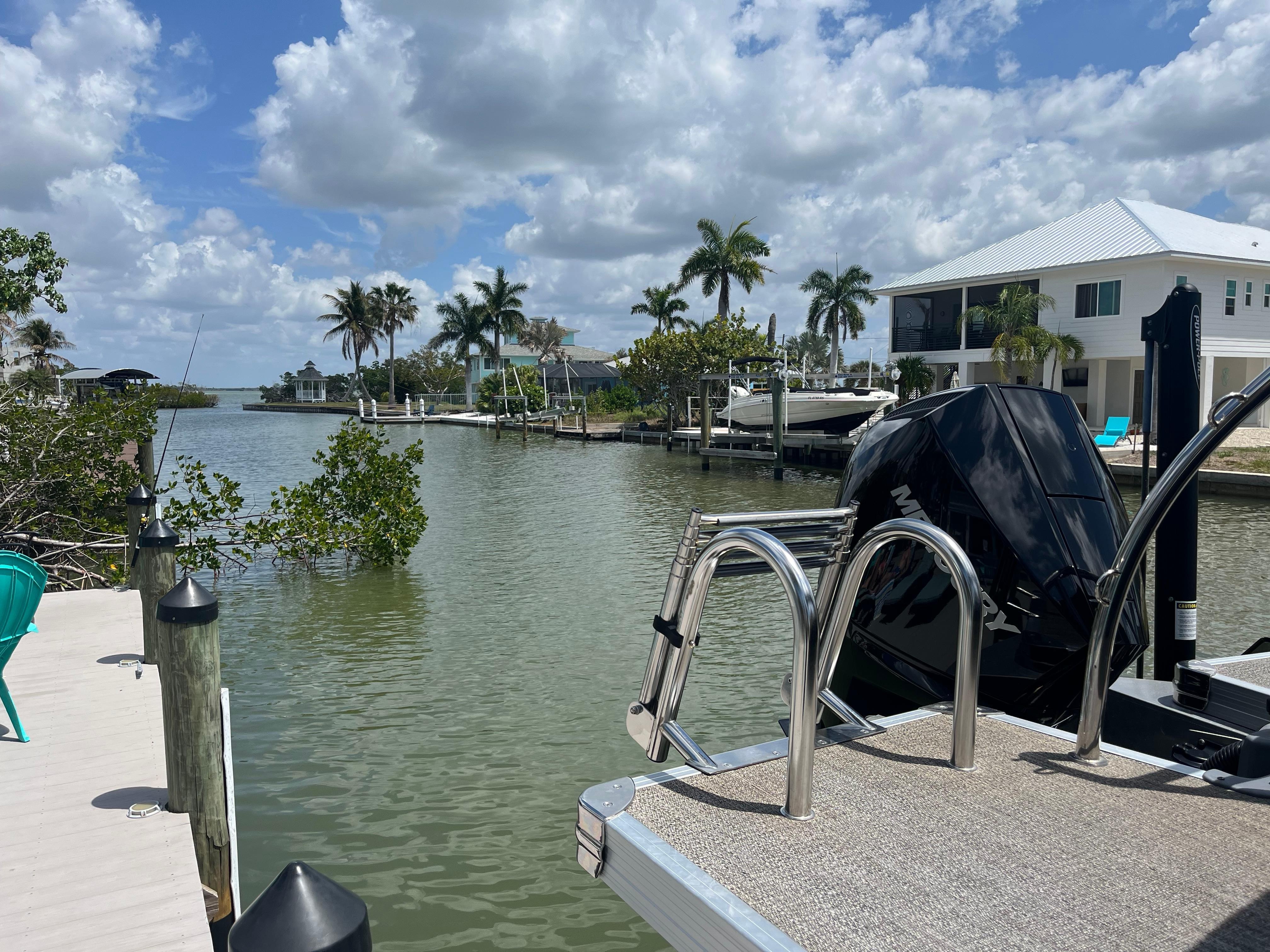 Beautiful dock view (except for boat in the foreground)
