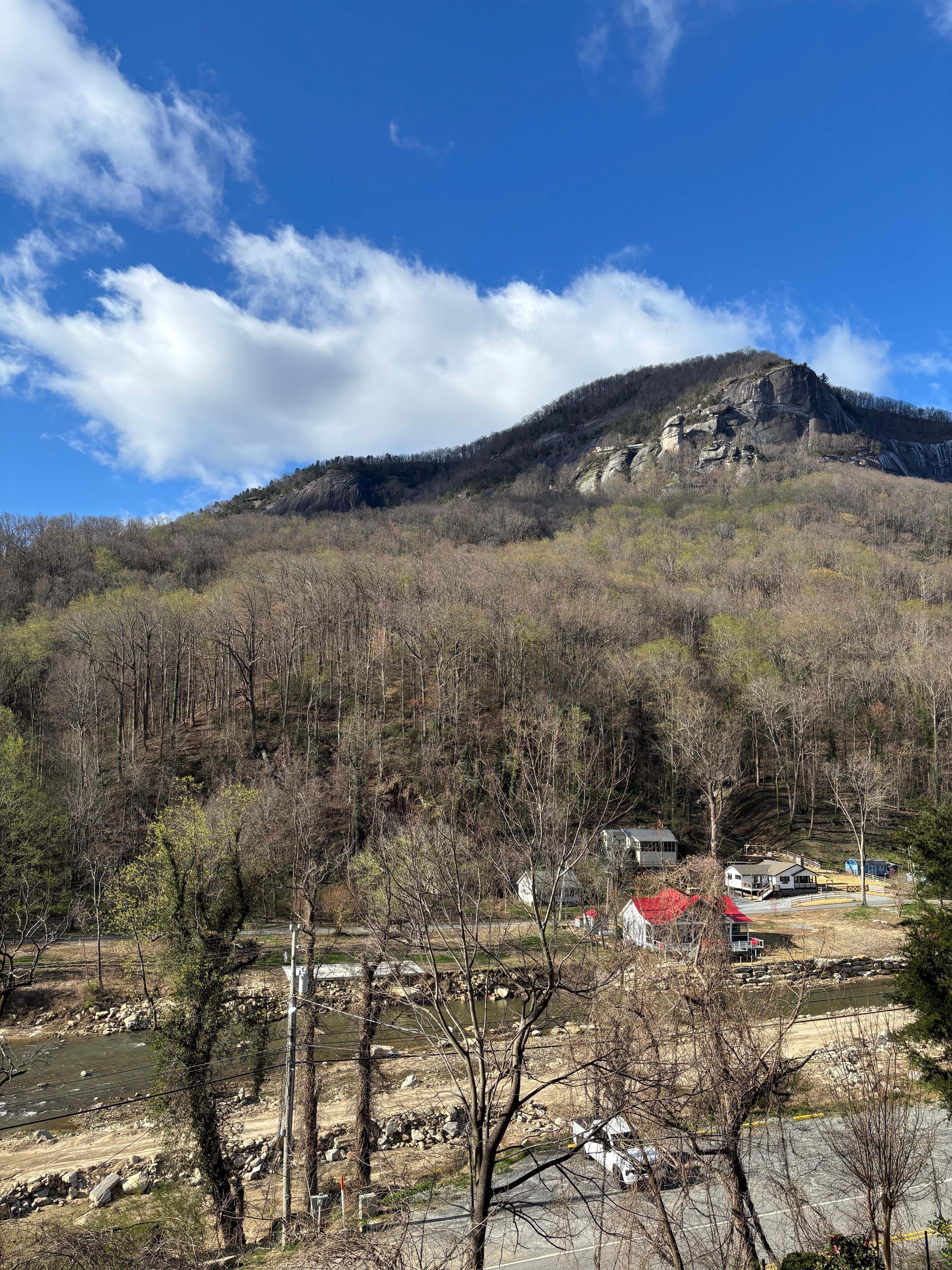 View from treehouse deck looking up towards Chimney Rock
