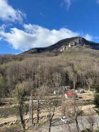 View from treehouse deck looking up towards Chimney Rock