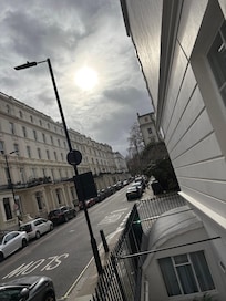 View of the street from the hotel steps.