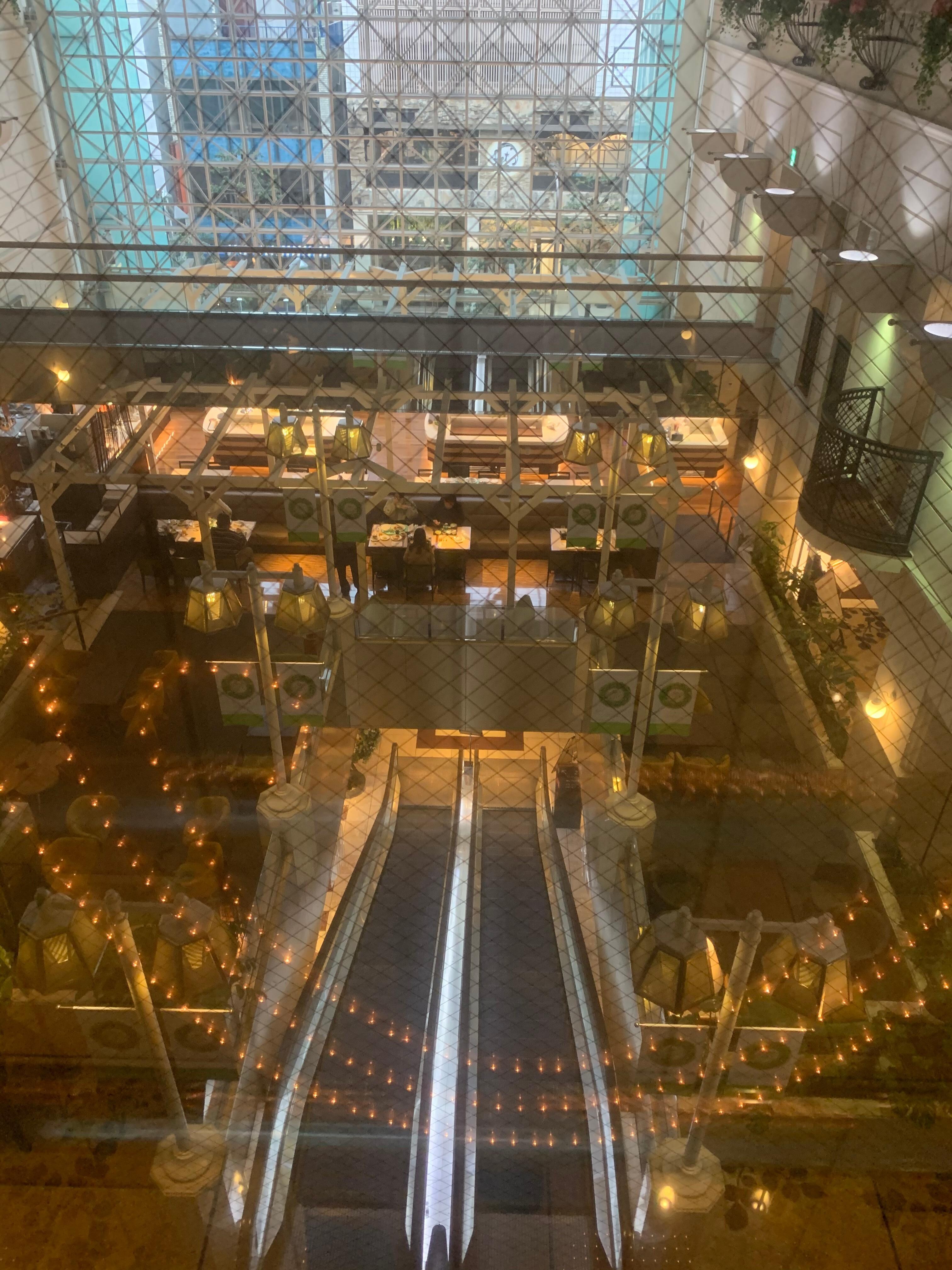 EVから吹き抜けのアトリウムを見る。
朝食のレストランはこのアトリウムの中。コンパクトなディズニーランドの中のレストランにいる様な気分。