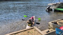 Using the double kayak- excellent steps down to water- but water shoes are helpful with temp/shape of rocks