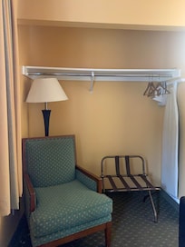 View of "closet", from the bed, 3 hangers; broken ironing board.