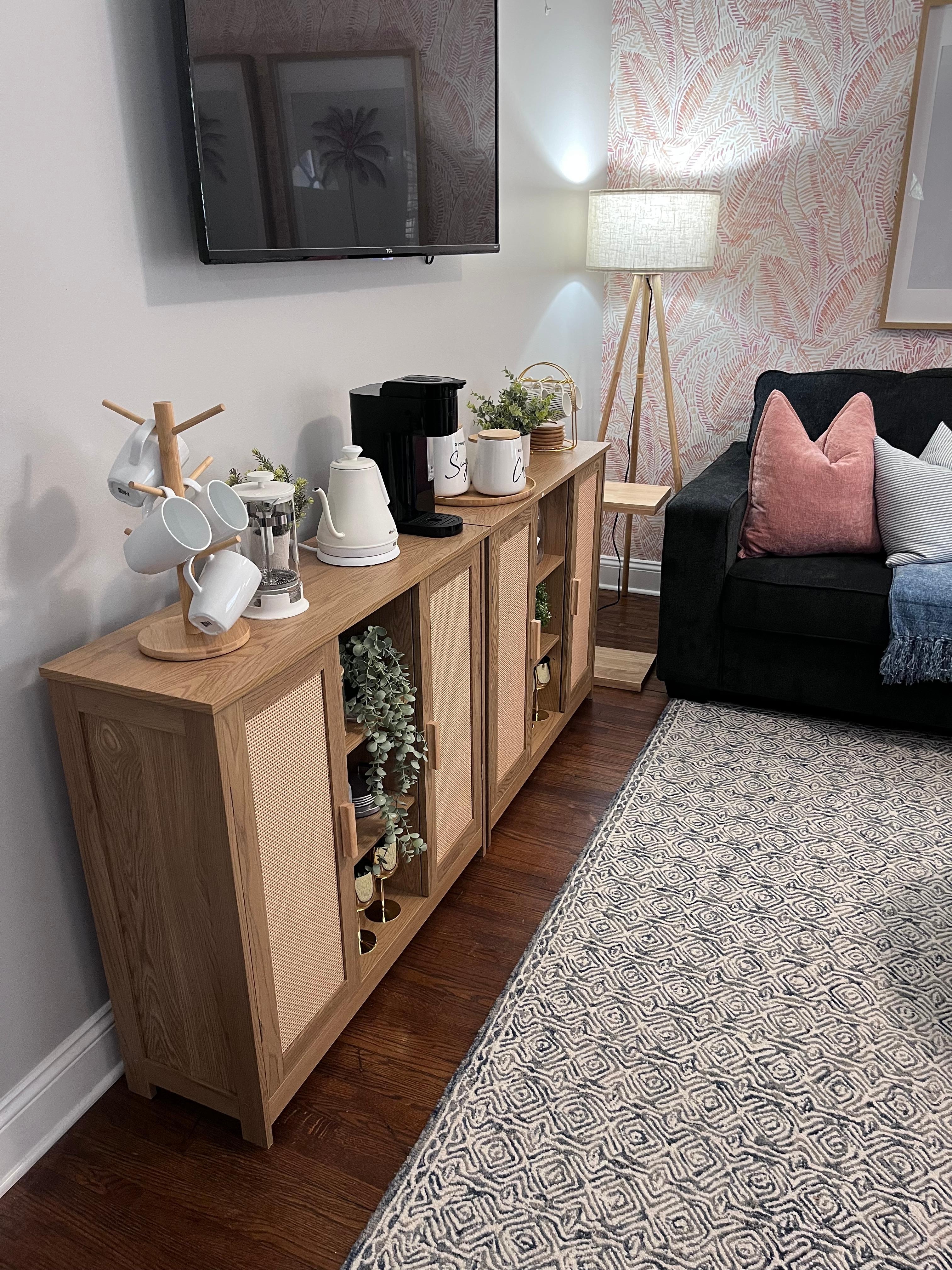 The living room has this adorable coffee station, plus the TV was logged into a couple streaming services.