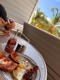 We made breakfast on our Beauganvilla room patio.