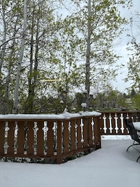 Beautiful light spring snowfall on the deck.