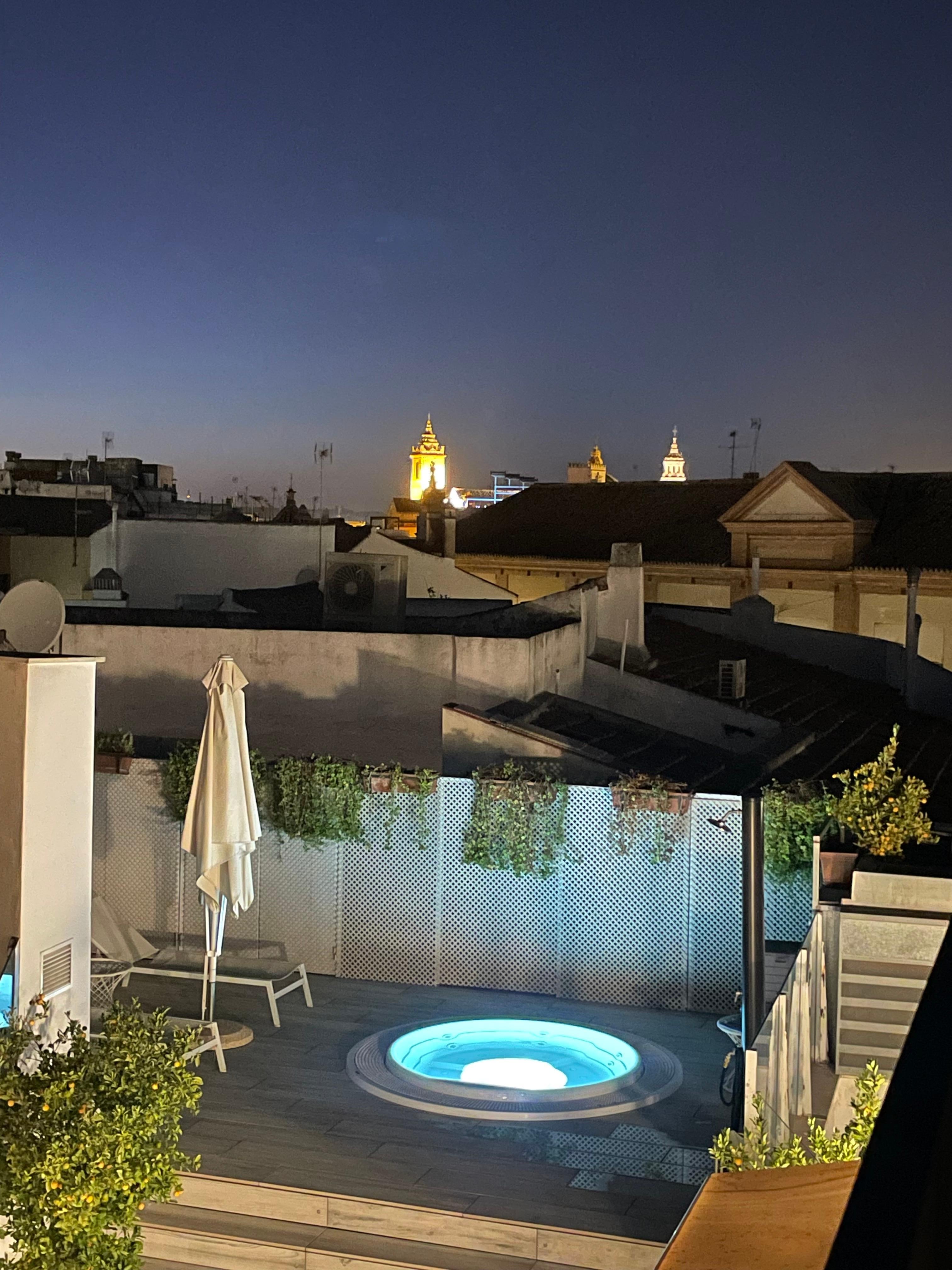 Another view of the multilevel rooftop. Beautiful views everywhere you look as well as a hot tub