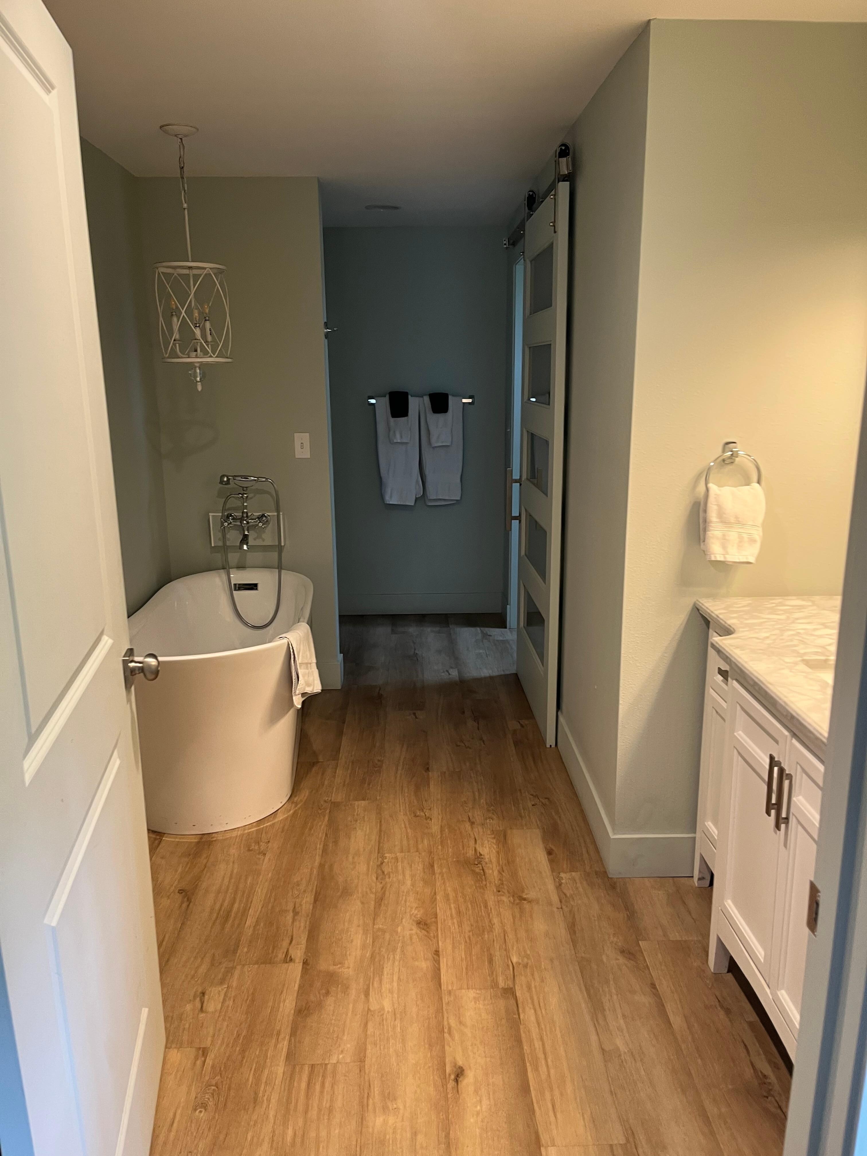 At the end of this bathroom to the left was a huge walk-in shower, to the right was a toilet with a barn door that closed.