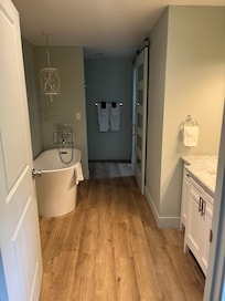At the end of this bathroom to the left was a huge walk-in shower, to the right was a toilet with a barn door that closed.