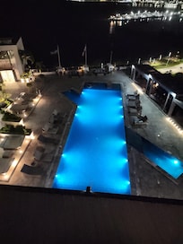 Pool area very clean. Water crystal clear beautiful at night. Bar right there for anything you want to drink and food