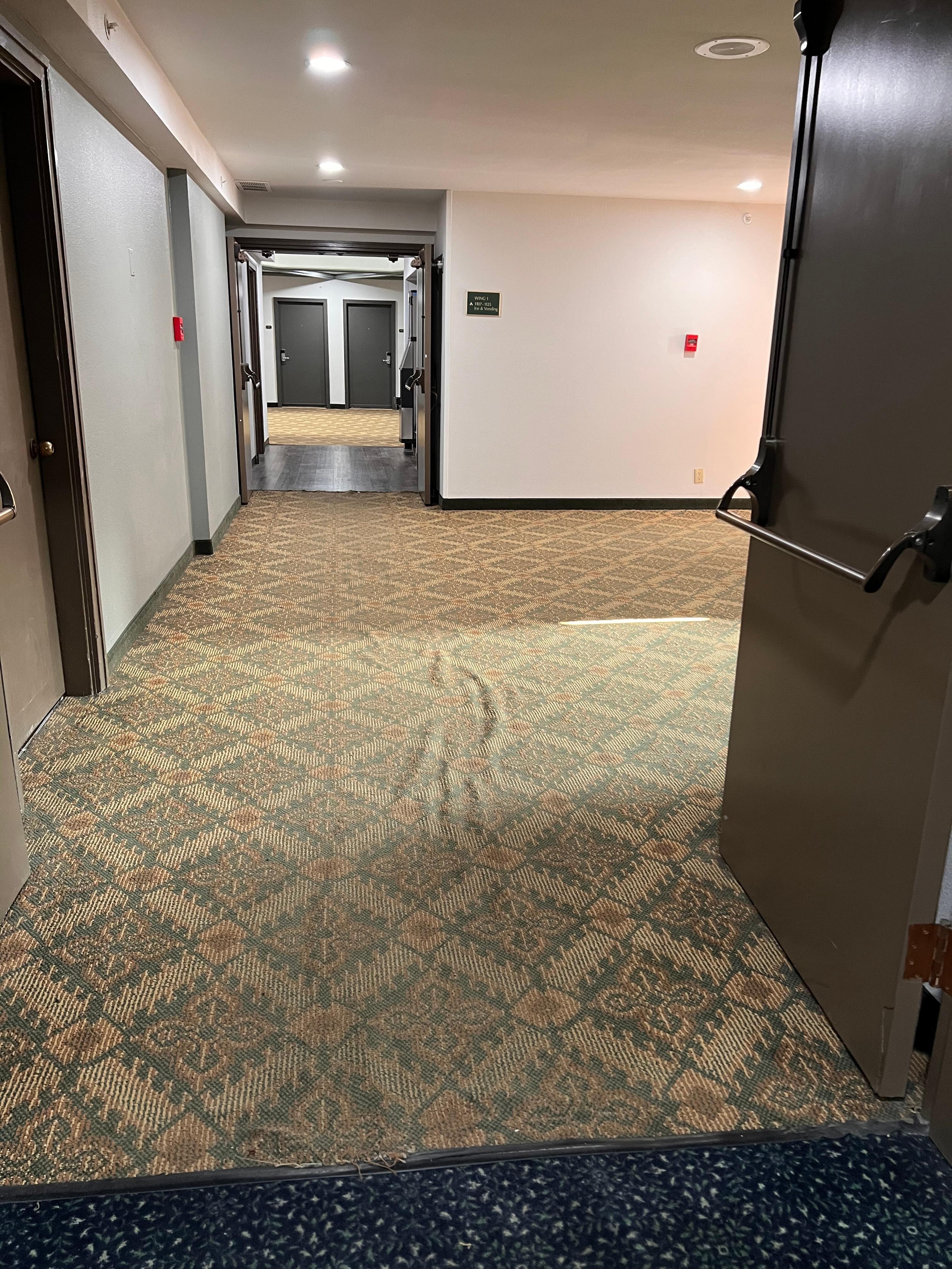 Dirty faded ragged carpet where the tower queen room was located