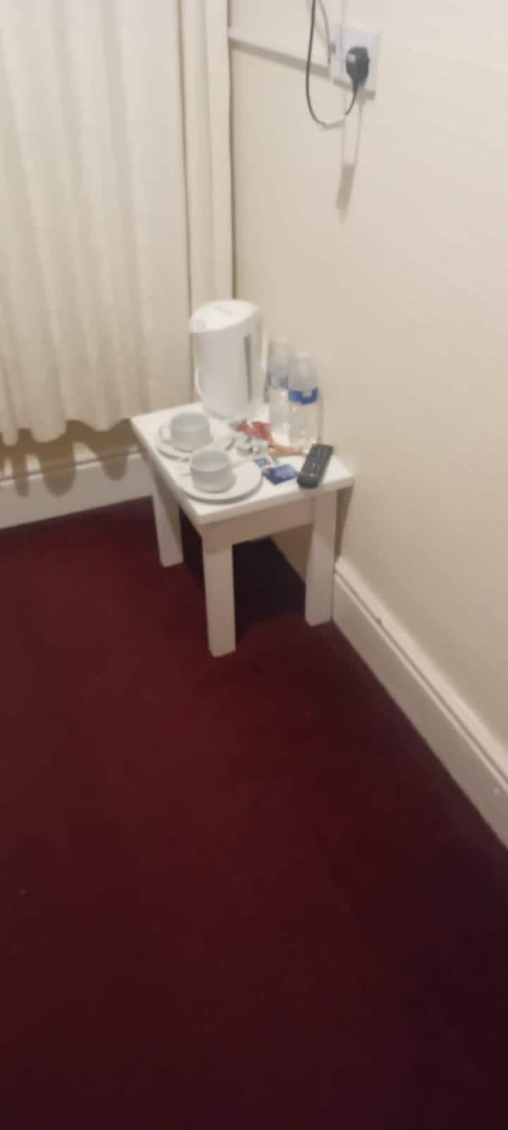 Kettle had stale water, and not enough plug sockets to use if phone was charging.shower was dirty and full of hair around drainage point.