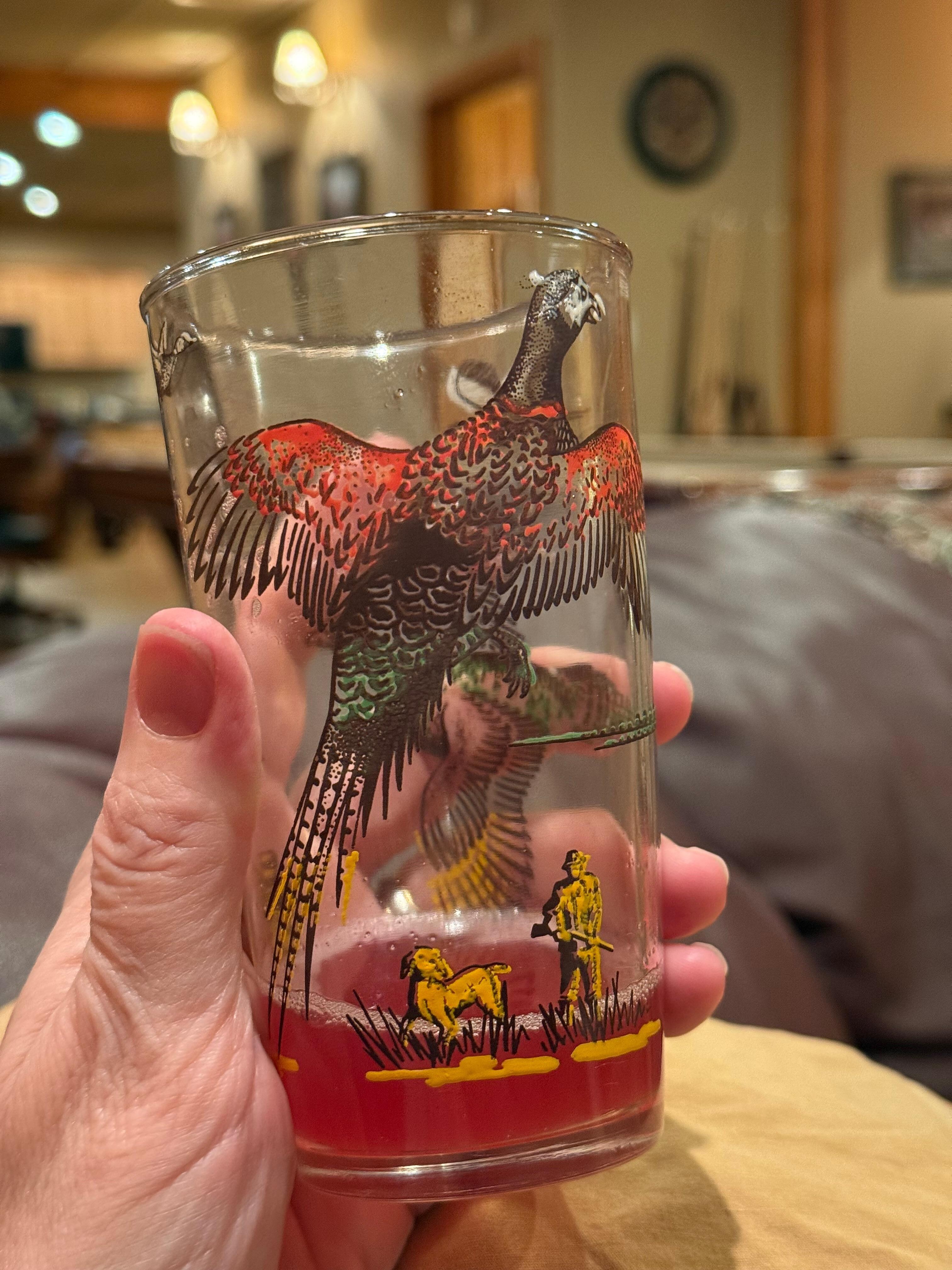 Enjoying kombucha in a pheasant glass. 
