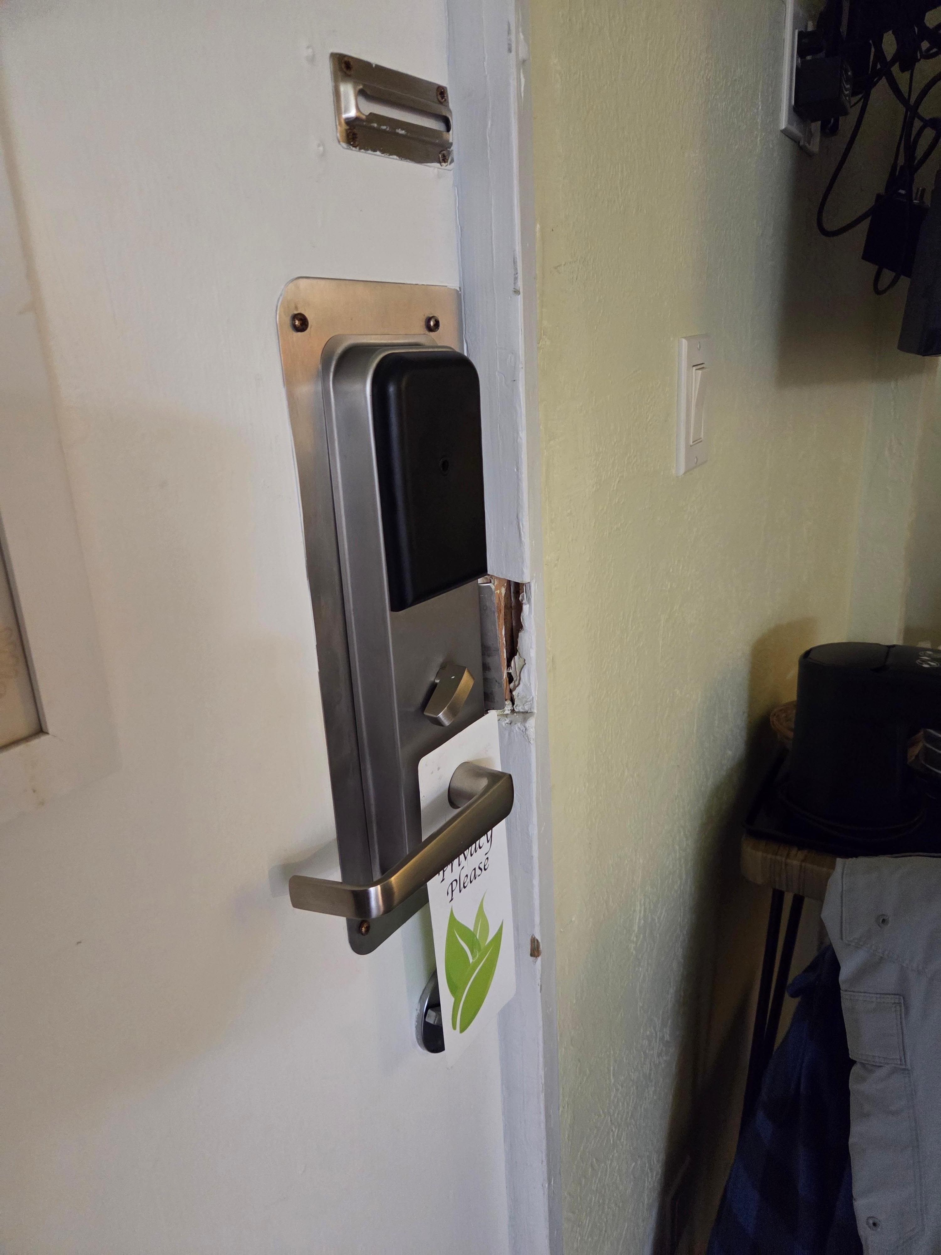 Entry door with obvious door tampering