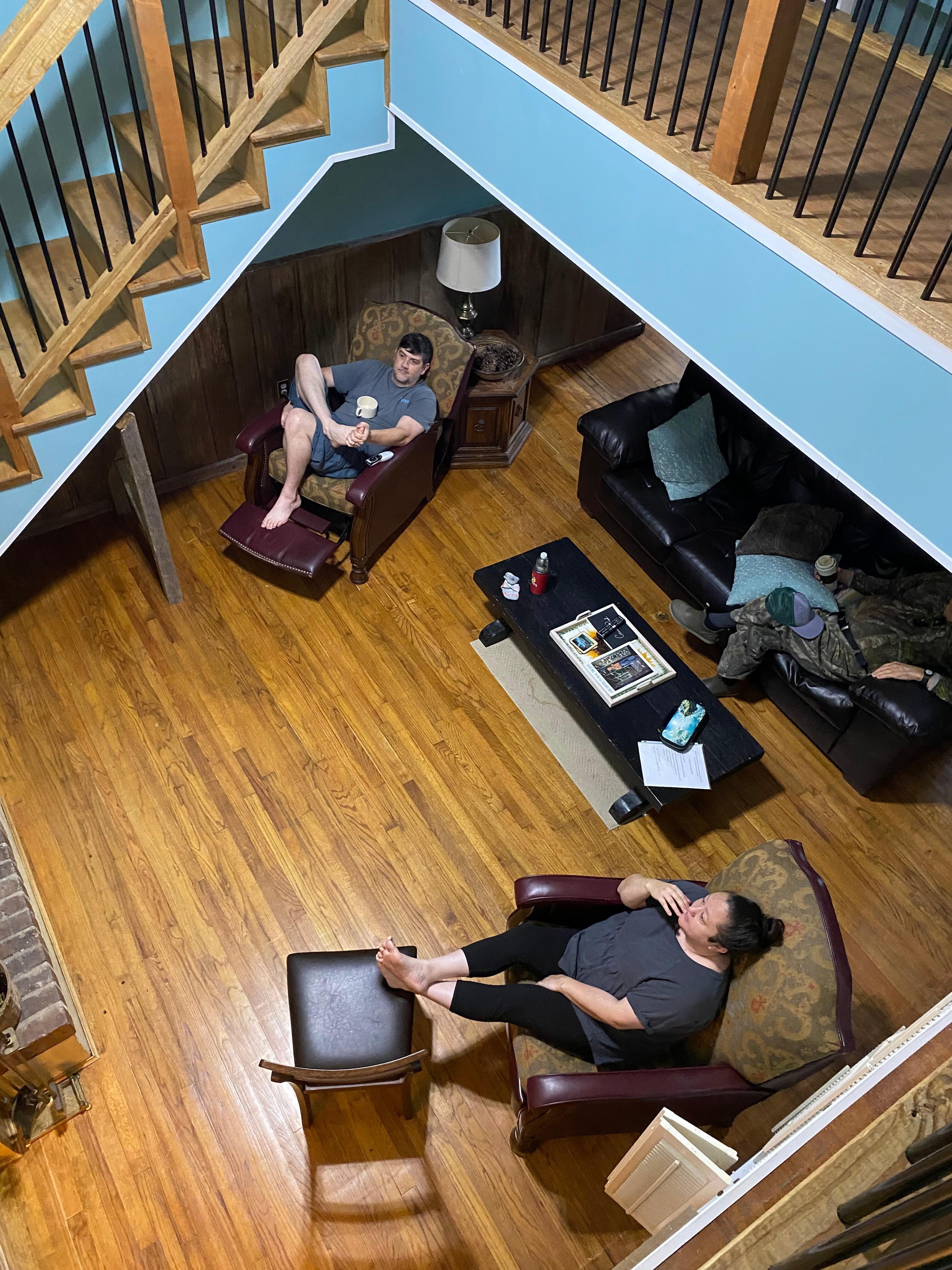 From sleeping loft with new staircase and sky bridge 